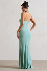 Kira | Sage Halter-Neck Cut-Out Split Maxi Dress With Flowers
